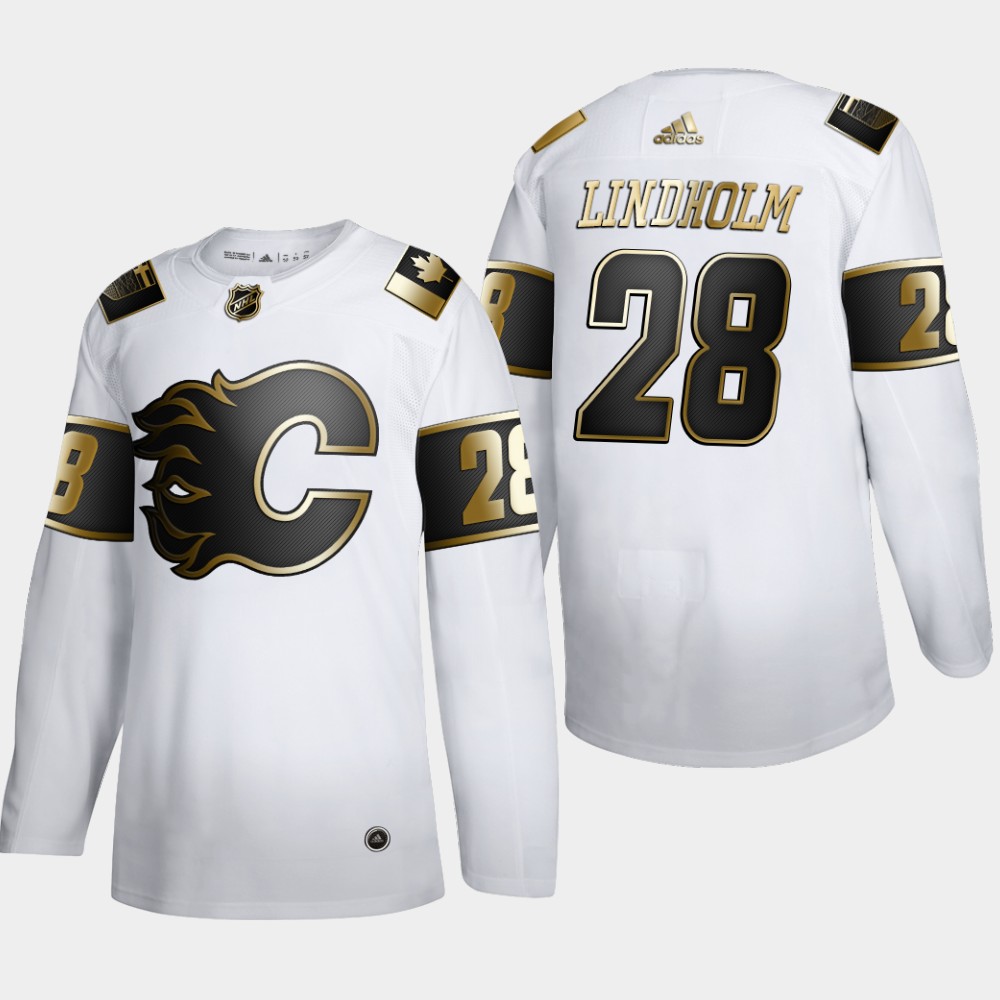 Calgary Flames 28 Elias Lindholm Men Adidas White Golden Edition Limited Stitched NHL Jersey